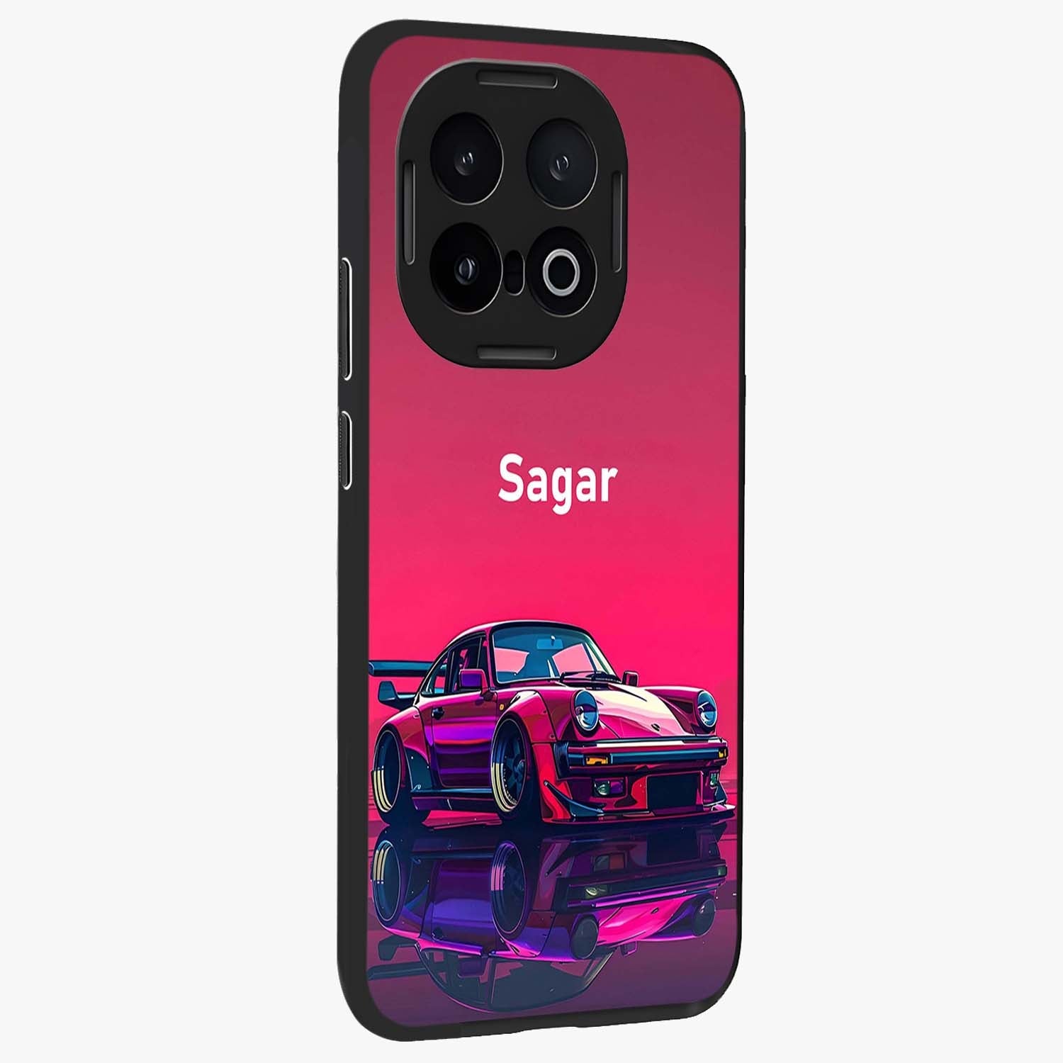 Neon Pink Porsche Glass Case upright view showcasing vibrant sports car artwork with bold automotive theme.