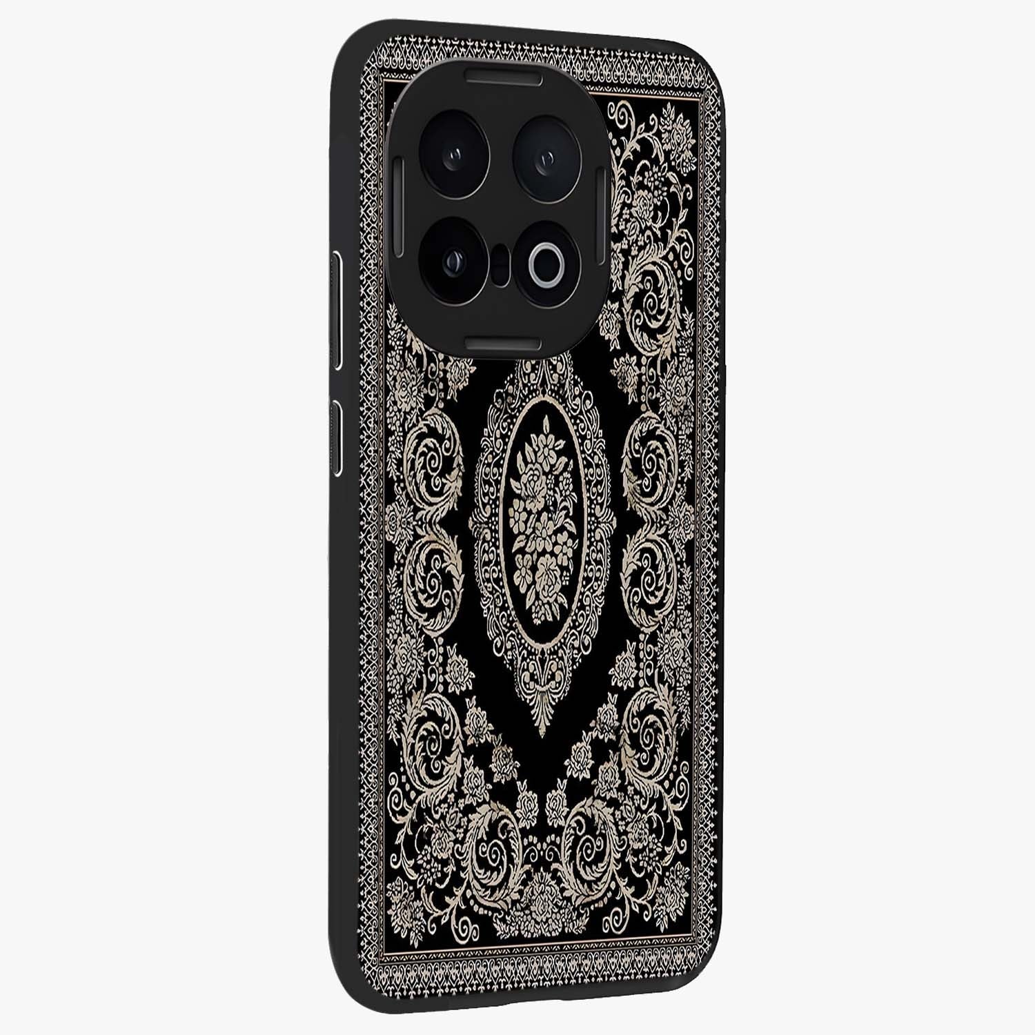 Noir Bloom Elegance Glass Case upright view showcasing graceful floral artwork with luxurious dark theme.