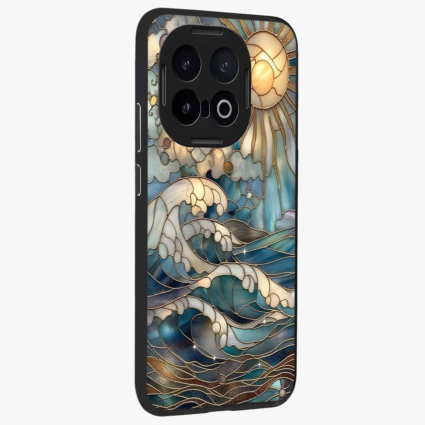 Oceanic Stained Printed Glass Case upright view showcasing decorative ocean pattern artwork with vibrant marine theme.