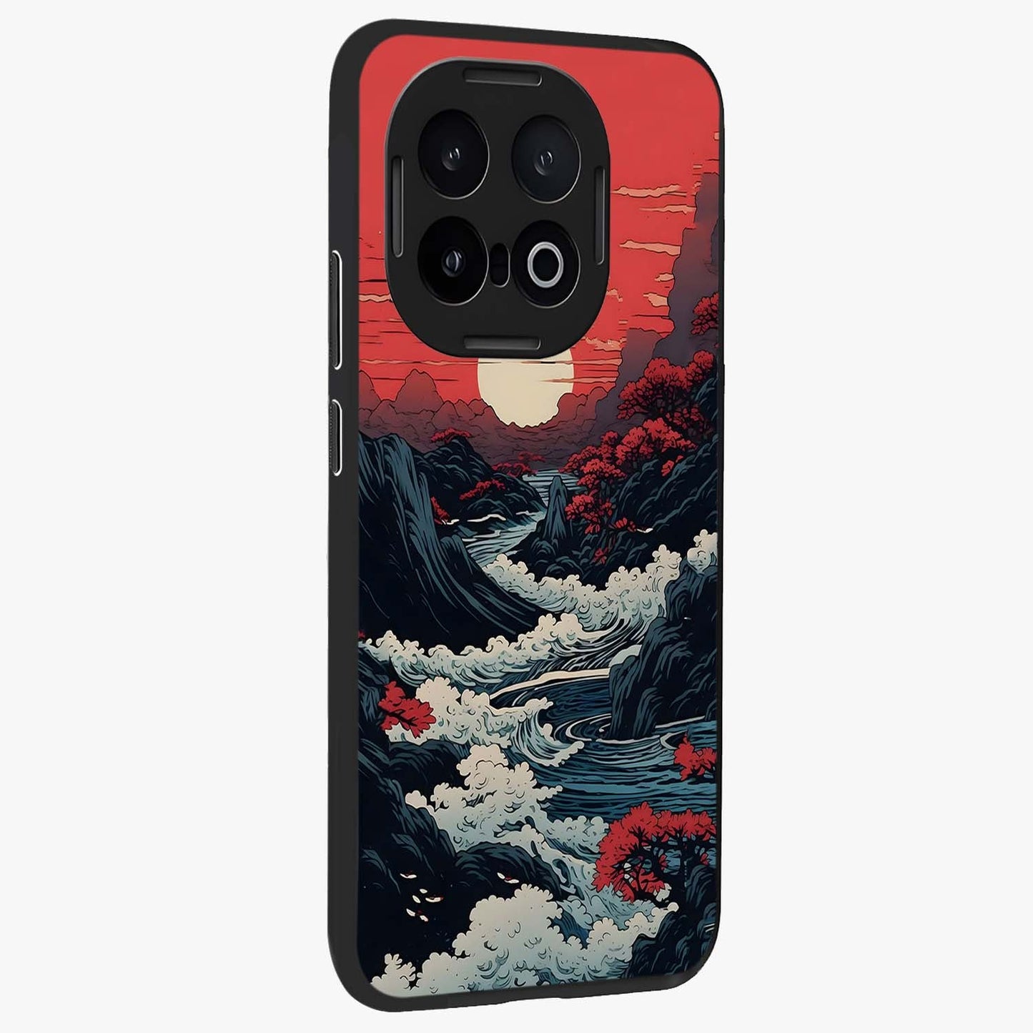 Red Sunset Scenery Glass Case upright view showcasing dramatic sunset scenery artwork with warm nature theme.