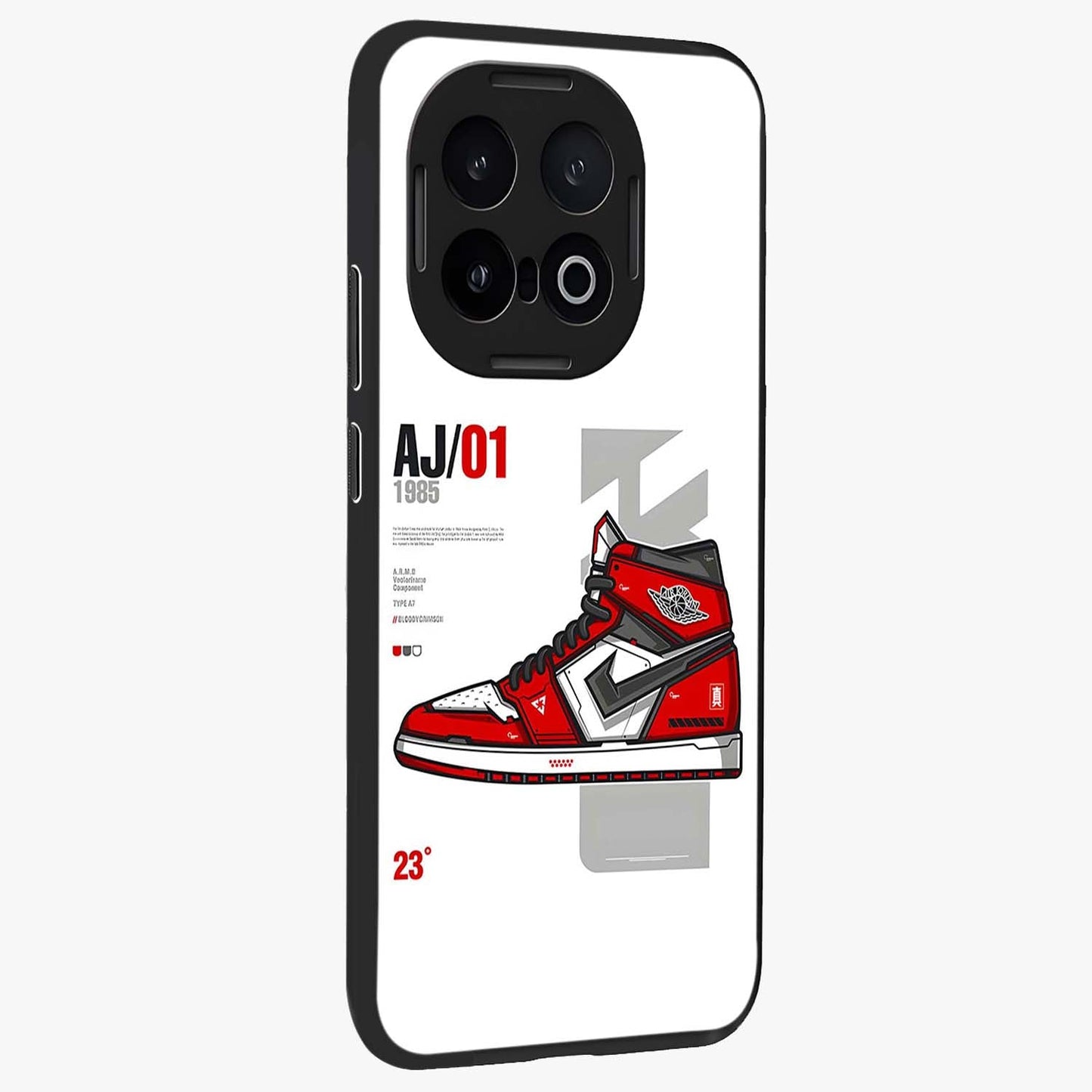 Retro Sneaker Blueprint Glass Case upright view showcasing stylish sneaker illustration with vintage streetwear theme.