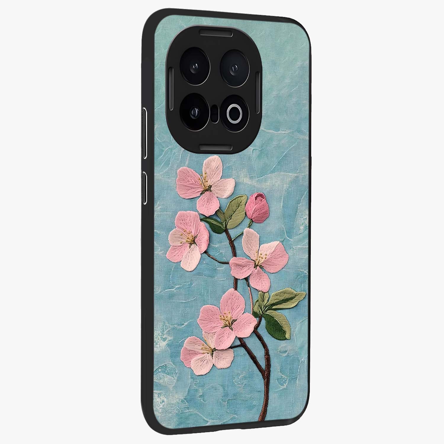 Threaded Blossom Breeze Glass Case upright view showcasing graceful flower artwork with calm botanical theme.