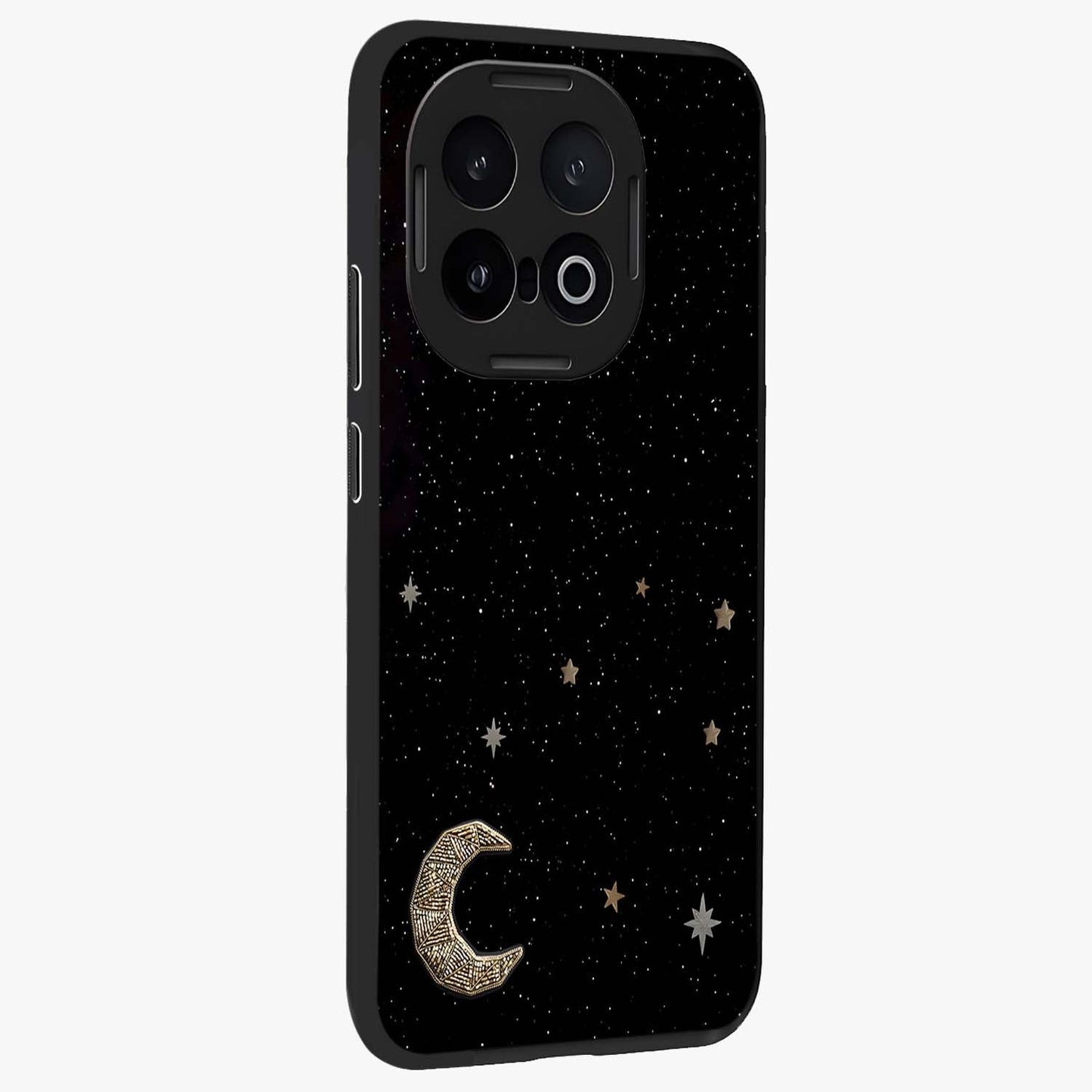 Twinkle Star With Half Moon Glass Case upright view showcasing glowing cosmic artwork with dreamy night theme.