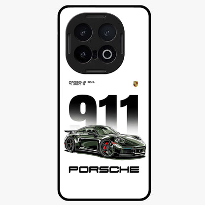 911 Turbo Dominance Glass Case showing clean flat back view with bold 911 sports car artwork and glossy glass finish.