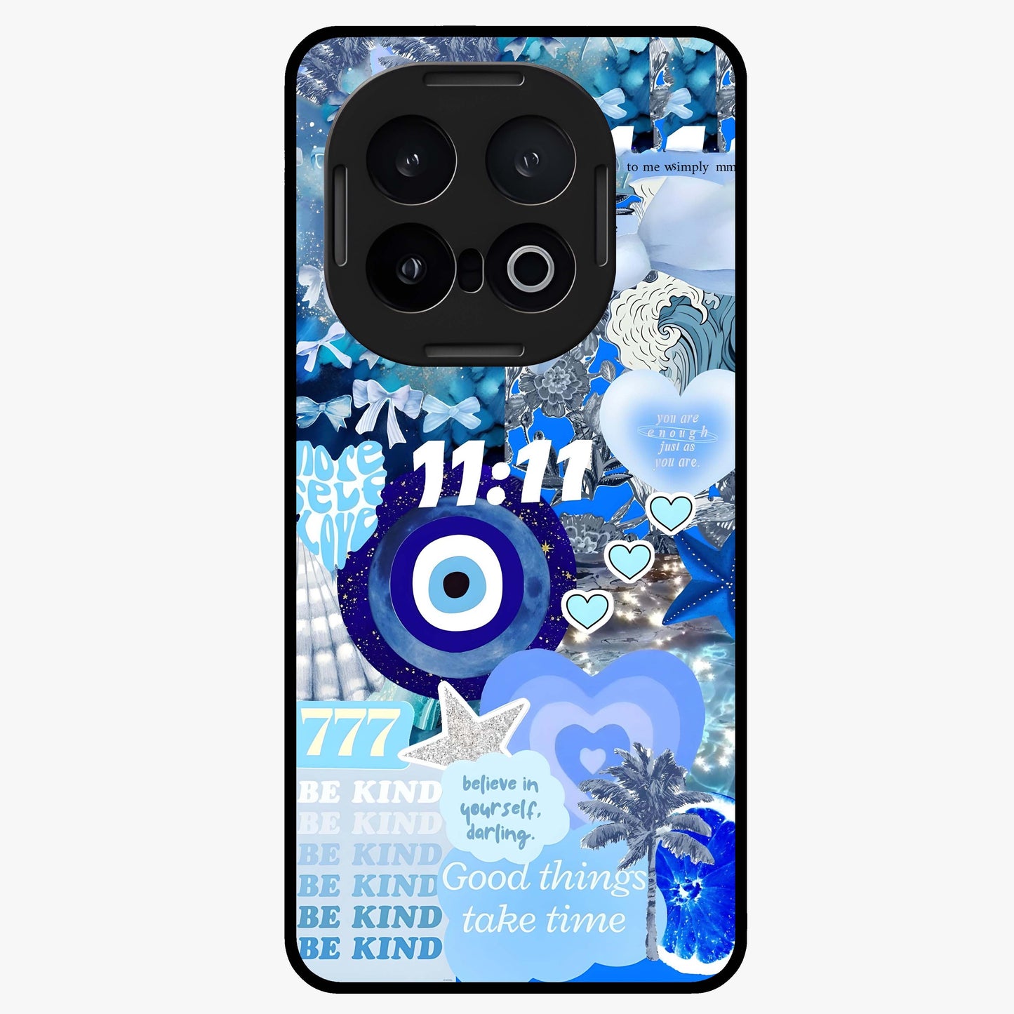 Aesthetic Be Kind Eye Glass Case showing flat back view with motivational eye artwork and glossy glass finish.