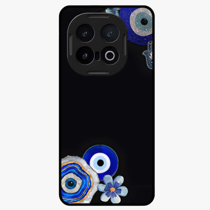 Aesthetic Blue Evil Eye Glass Case showing flat back view with protective evil eye artwork and glossy glass finish.