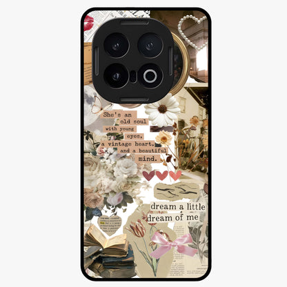Aesthetic Brown Vintage Collage Glass Case showing flat back view with retro collage artwork and glossy glass finish.