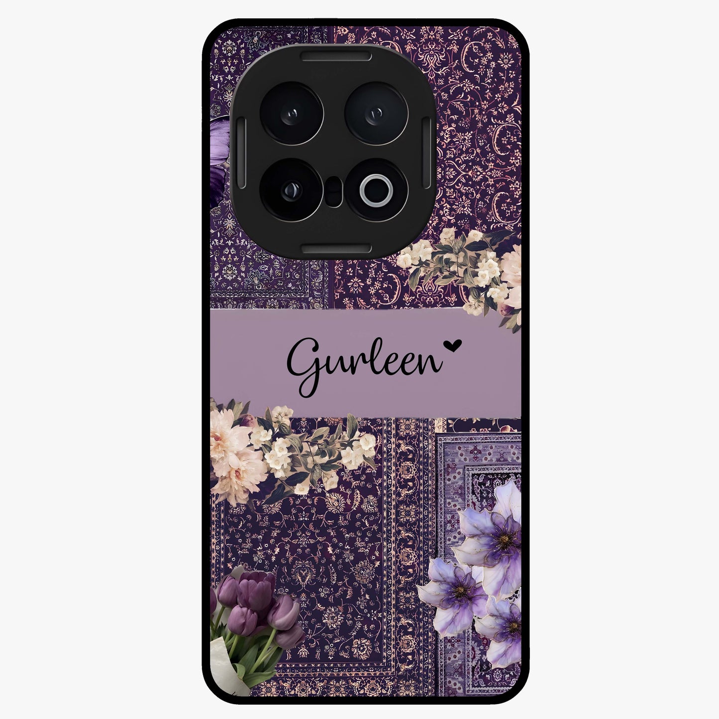 Antique Floral Whisper Custom Name Glass Case showing flat back view with vintage floral artwork and personalized name design.