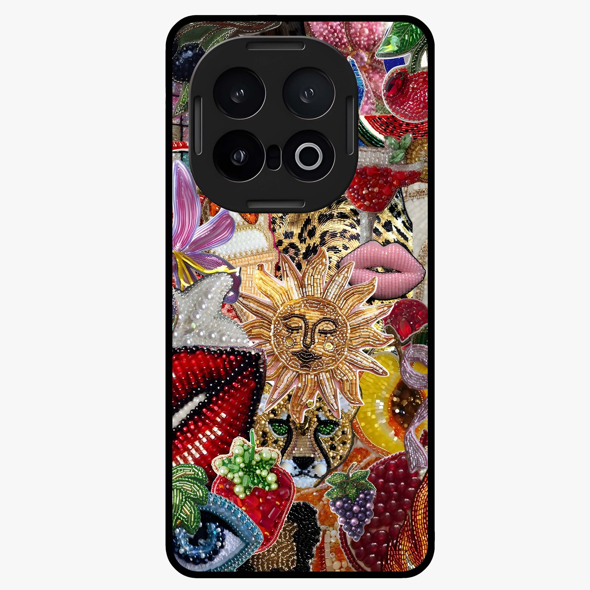 Beaded Fashion Jungle Glass Case showing flat back view with vibrant jungle inspired bead artwork and glossy glass finish.