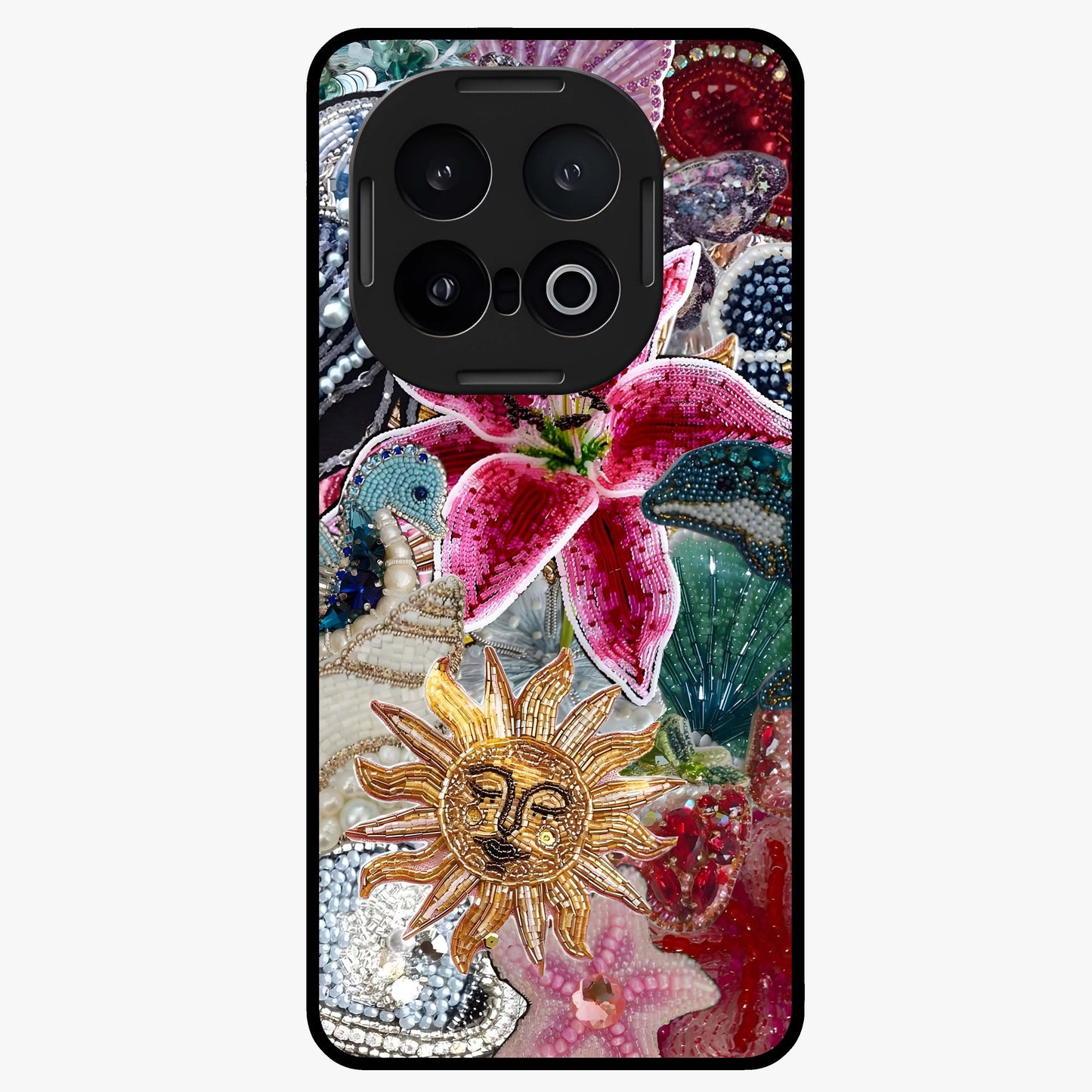 Beaded Garden Fantasy Glass Case showing flat back view with dreamy garden bead artwork and glossy glass finish.