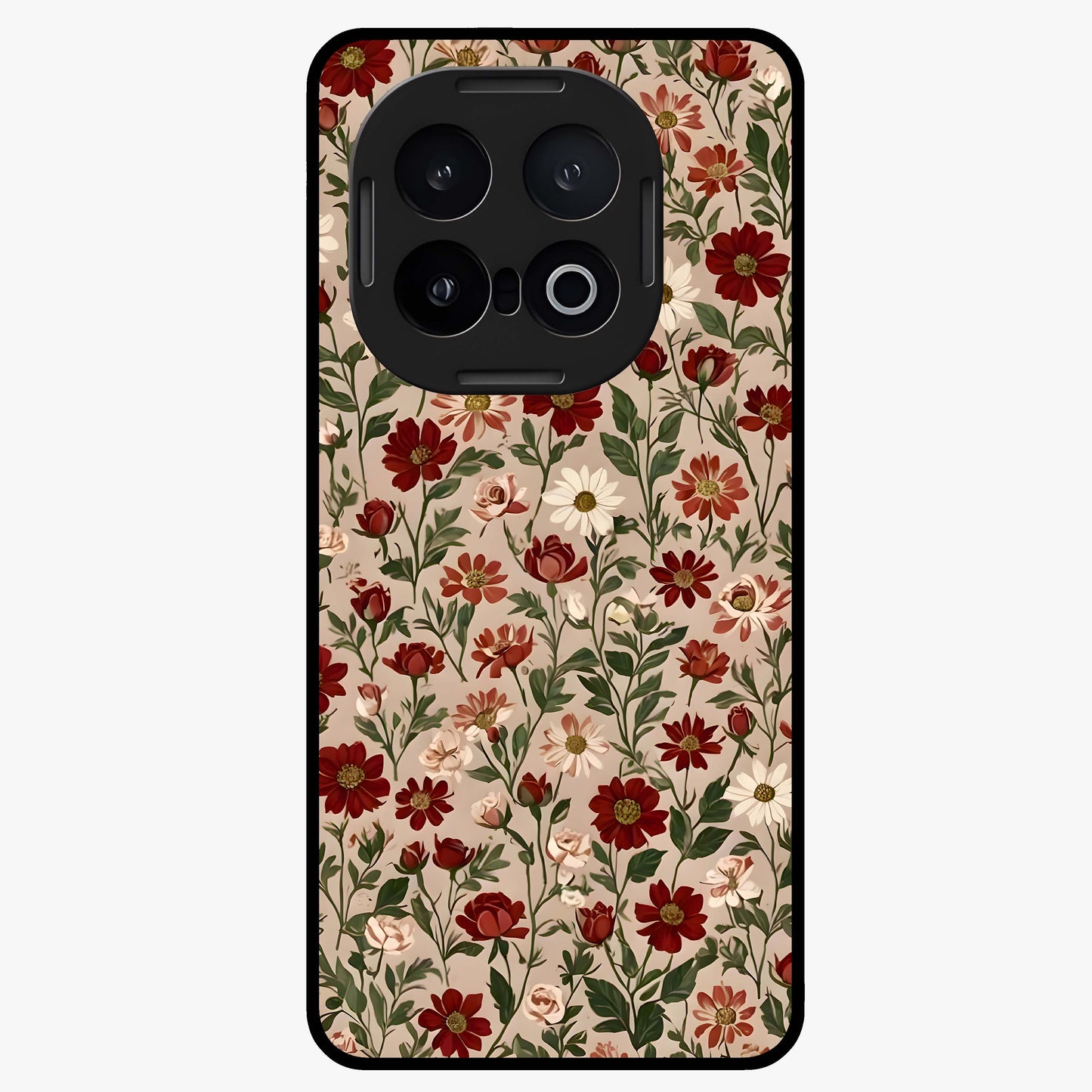 Biege Flower With Leaf Glass Case showing flat back view with soft beige floral artwork and glossy glass finish.