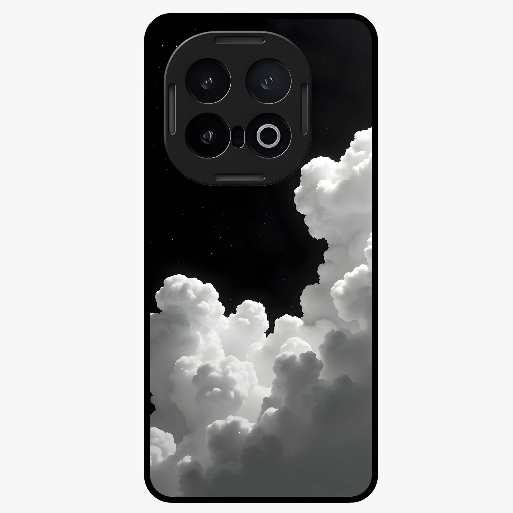 Black Background With White Cloud Glass Case showing flat back view with minimal cloud artwork on dark background and glossy glass finish.