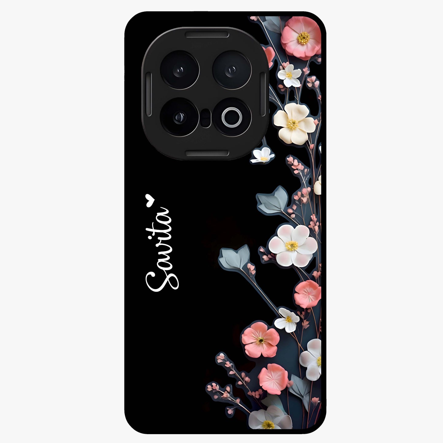 Black Elegance Floral Custom Name Glass Case showing flat back view with elegant floral artwork and personalized name design.