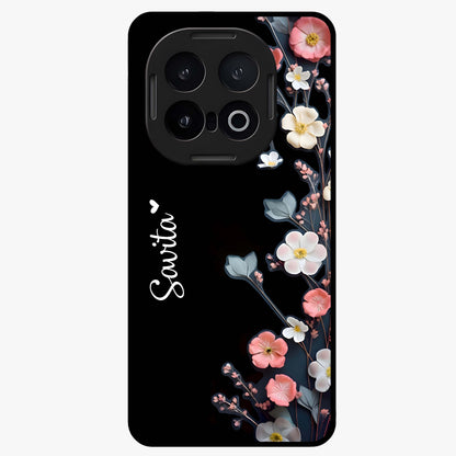Black Elegance Floral Custom Name Glass Case showing flat back view with elegant floral artwork and personalized name design.