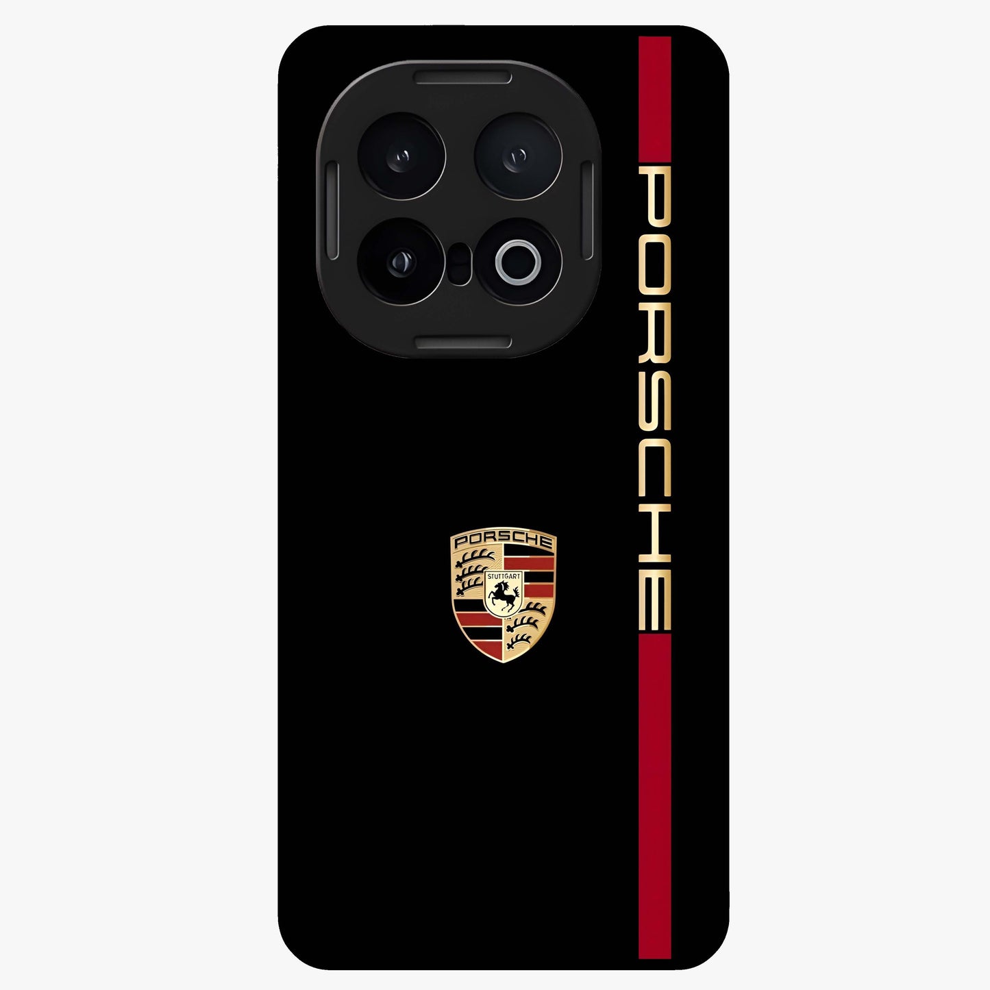 Black Minimal Porsche Glass Case showing flat back view with sleek minimal sports car artwork and glossy glass finish.