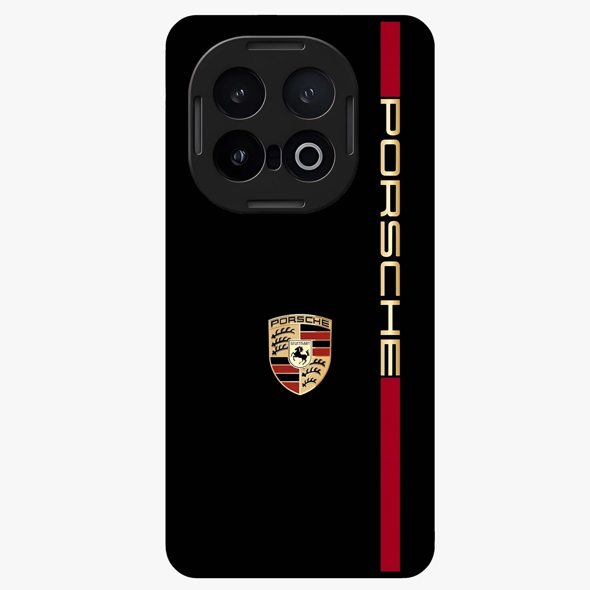 Black Minimal Porsche Glass Case showing flat back view with sleek minimal sports car artwork and glossy glass finish.