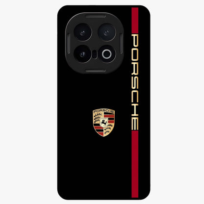 Black Minimal Porsche Glass Case showing flat back view with sleek minimal sports car artwork and glossy glass finish.