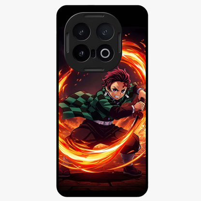 Blazing Sword Resolve Glass Case showing flat back view with fiery sword artwork and glossy glass finish.