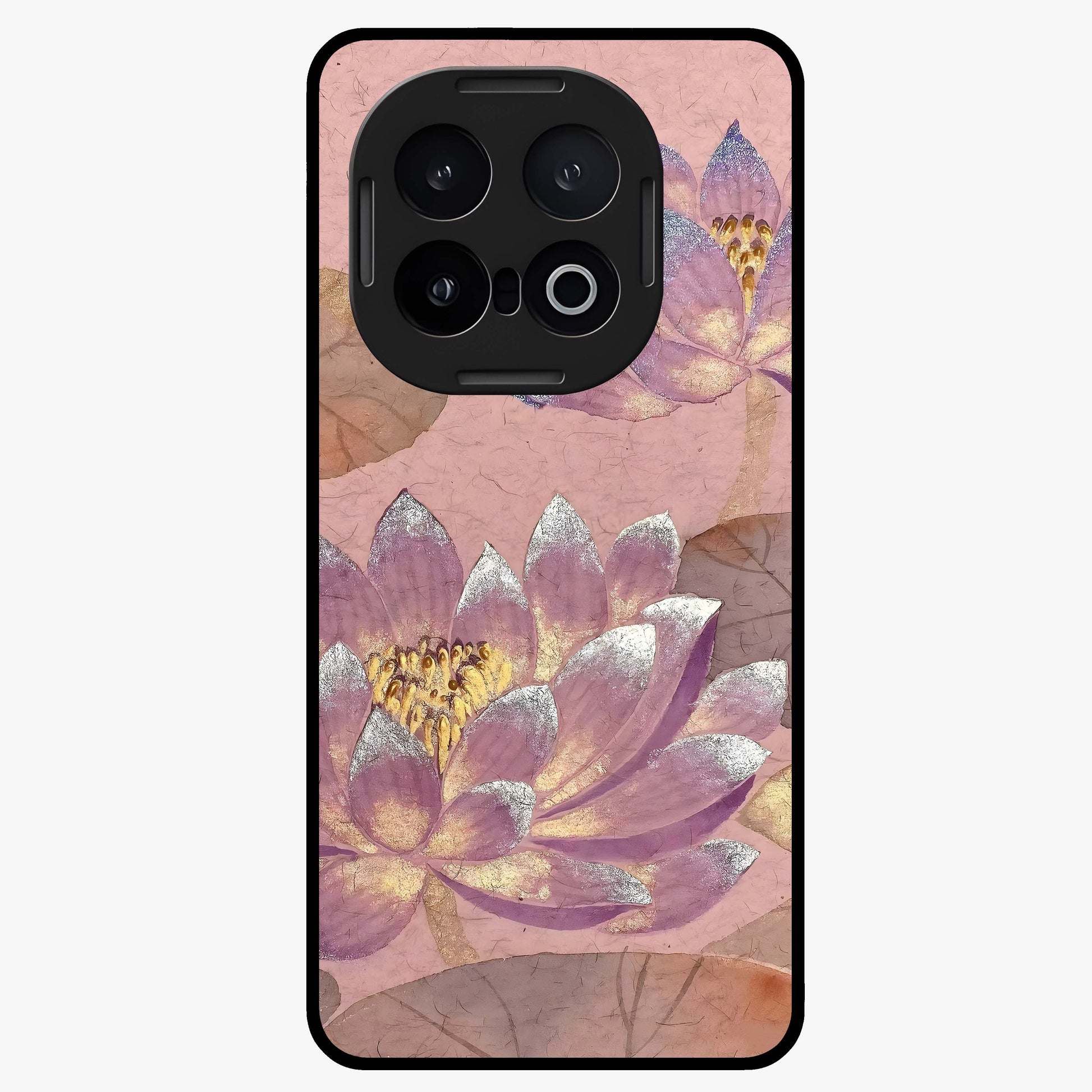 Blossom Mist Lotus Glass Case showing flat back view with serene lotus blossom artwork and glossy glass finish.