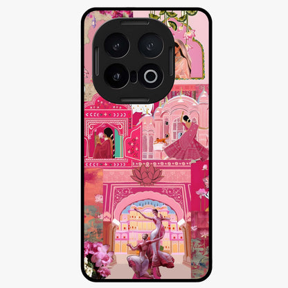 Blossoms of Rajasthan Glass Case showing flat back view with traditional floral artwork inspired by Rajasthan and glossy glass finish.