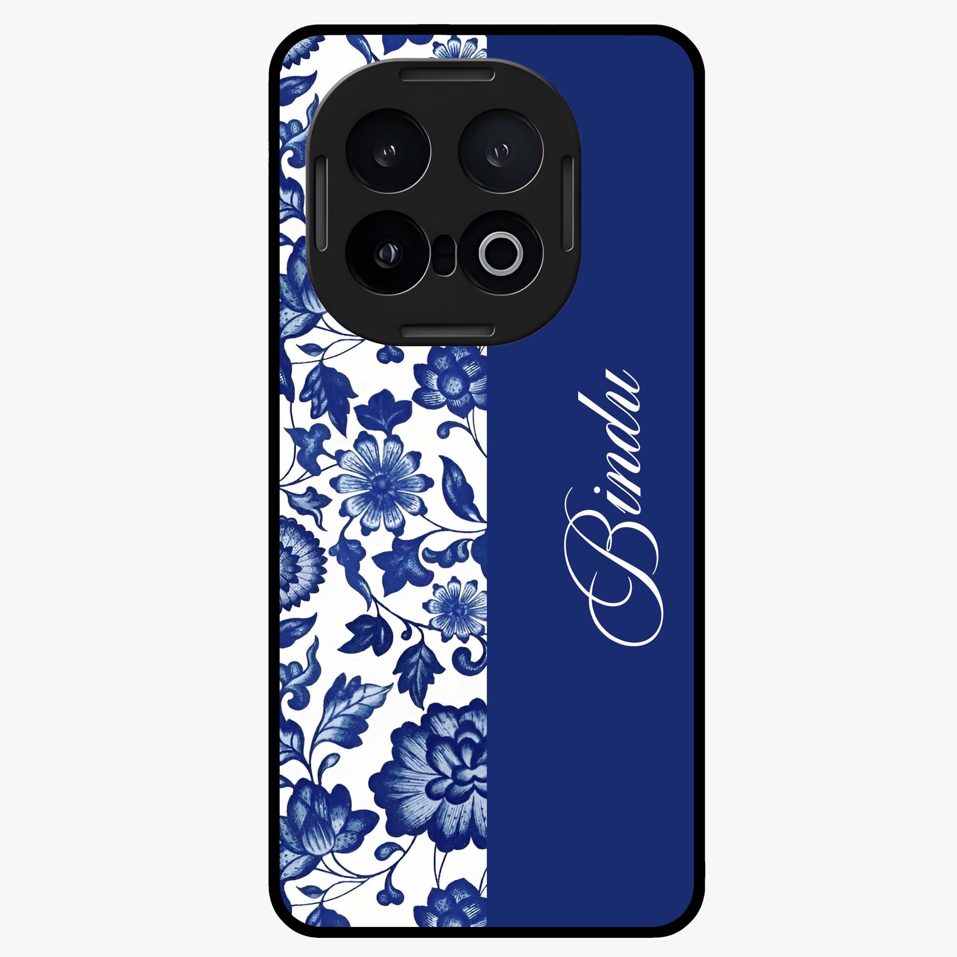 Blue Vintage Floral Pattern Glass Case upright view showcasing timeless floral illustration with vintage inspired style.