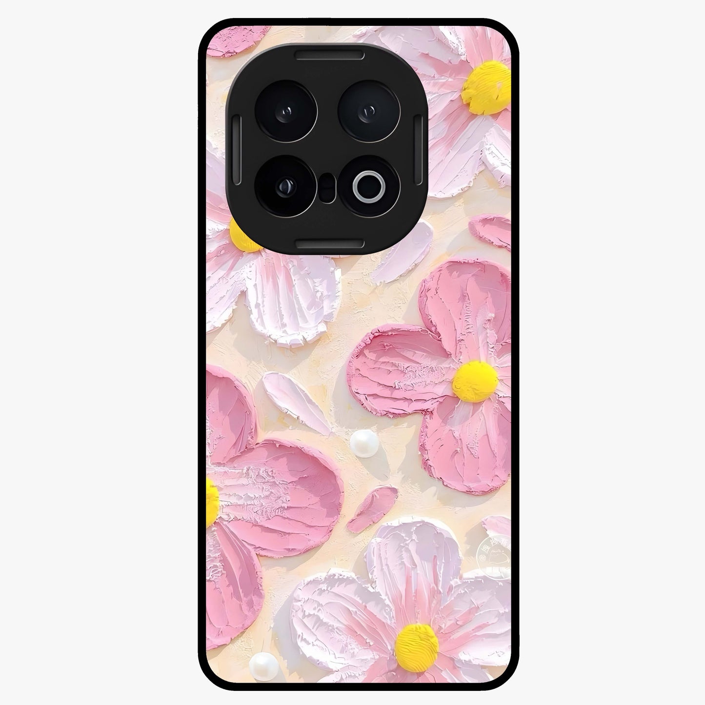 Blush Bloom Texture Glass Case showing flat back view with soft blush floral texture artwork and glossy glass finish.
