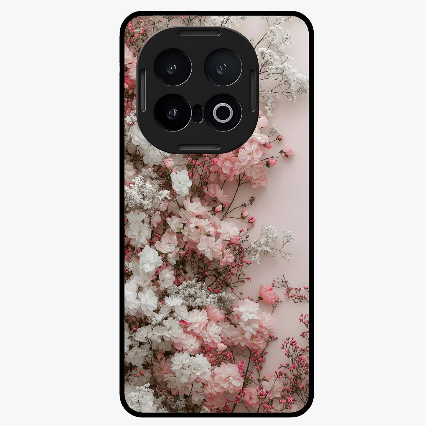 Blush Blossom Cloud Glass Case showing flat back view with dreamy blush cloud blossom artwork and glossy glass finish.