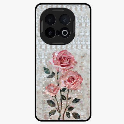 Blush Mosaic Bloom Glass Case showing flat back view with mosaic floral bloom artwork and glossy glass finish.