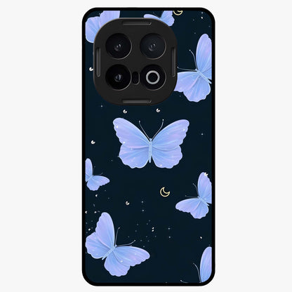 Butterfly With Stars Pattern Glass Case showing flat back view with butterfly and star pattern artwork and glossy glass finish.