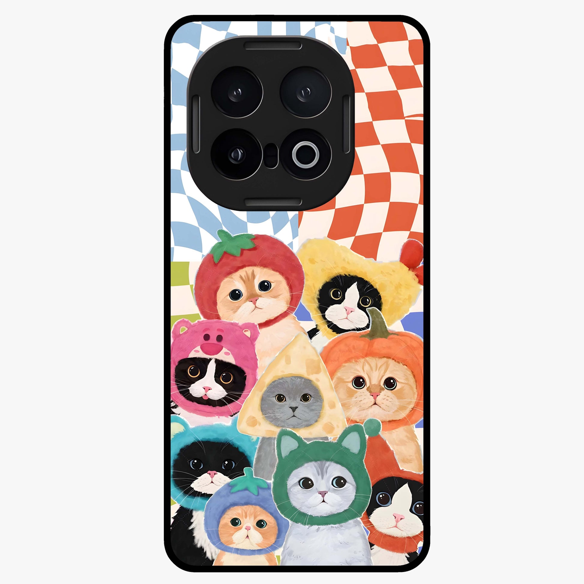Cats in Fruits Glass Case showing flat back view with playful cat illustrations inside fruit artwork and glossy glass finish.