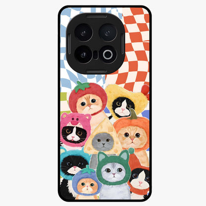 Cats in Fruits Glass Case showing flat back view with playful cat illustrations inside fruit artwork and glossy glass finish.
