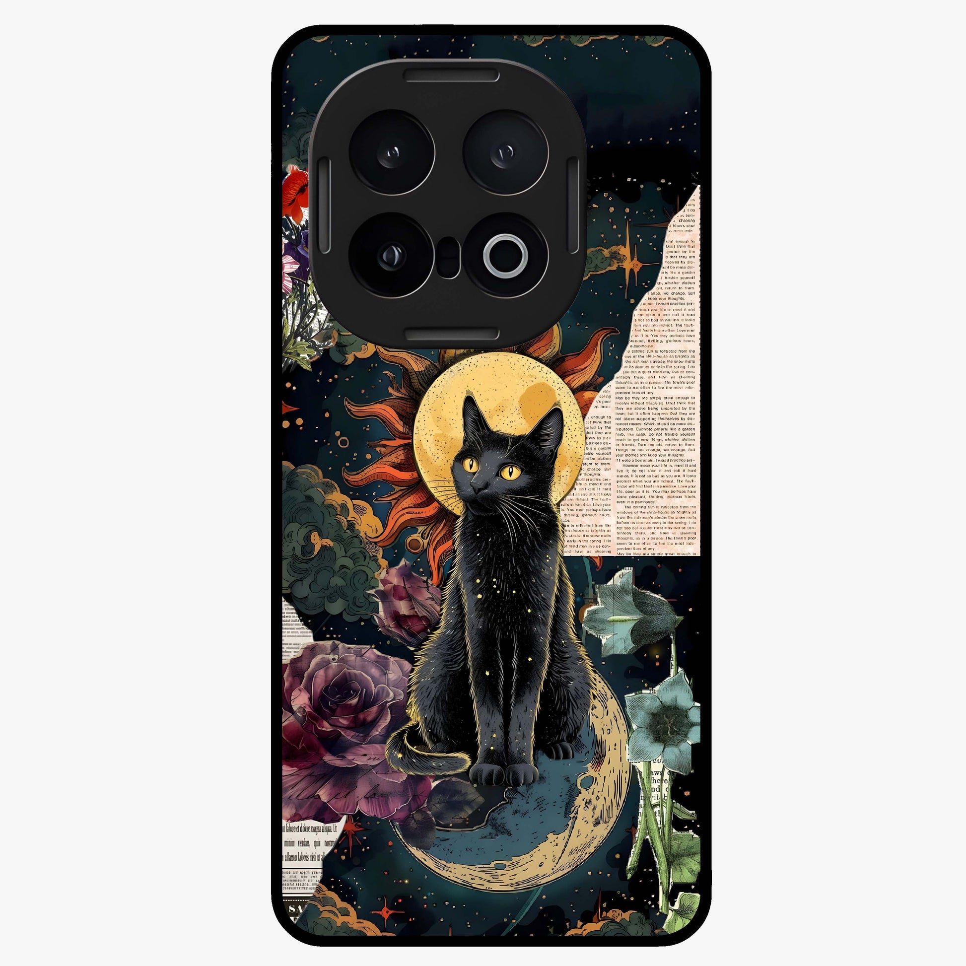 Celestial Black Cat Glass Case showing flat back view with mystical black cat artwork and glossy glass finish.