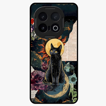 Celestial Black Cat Glass Case showing flat back view with mystical black cat artwork and glossy glass finish.