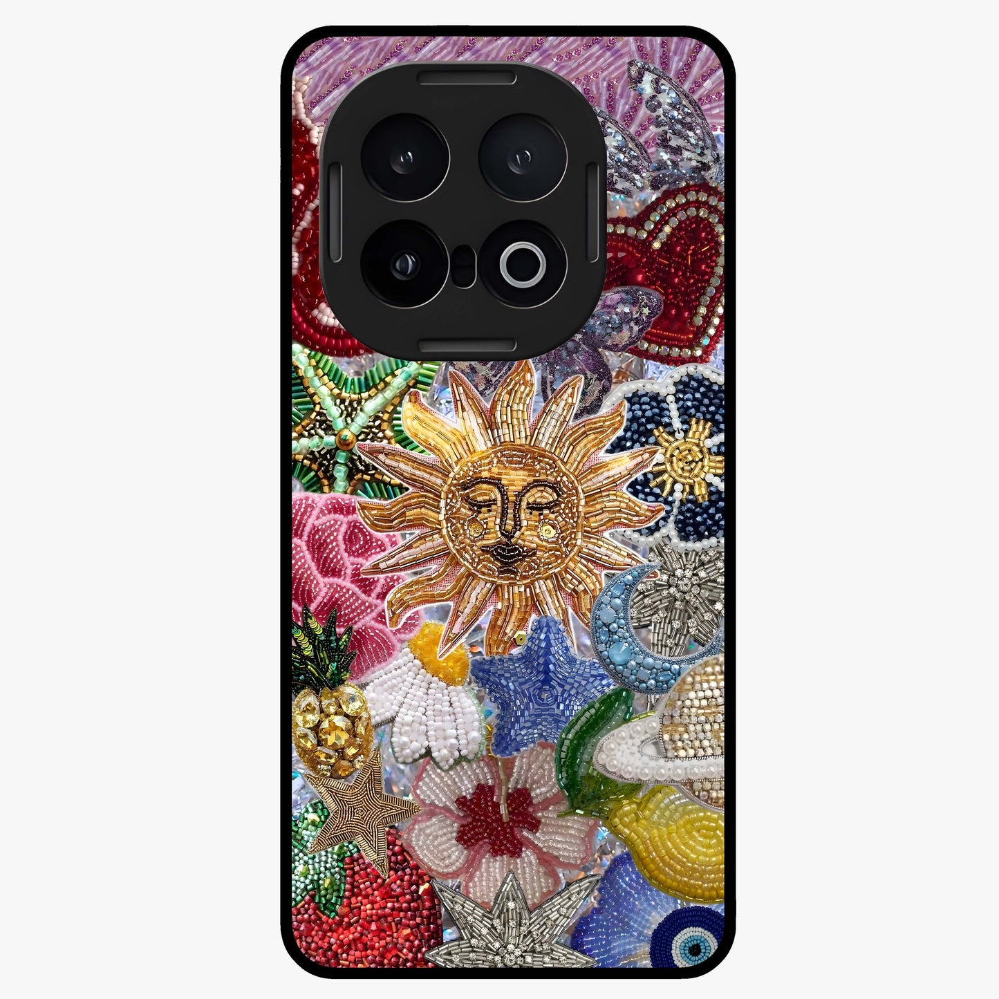 Celestial Floral and Playful Glass Case showing flat back view with floral and celestial themed artwork and glossy glass finish.