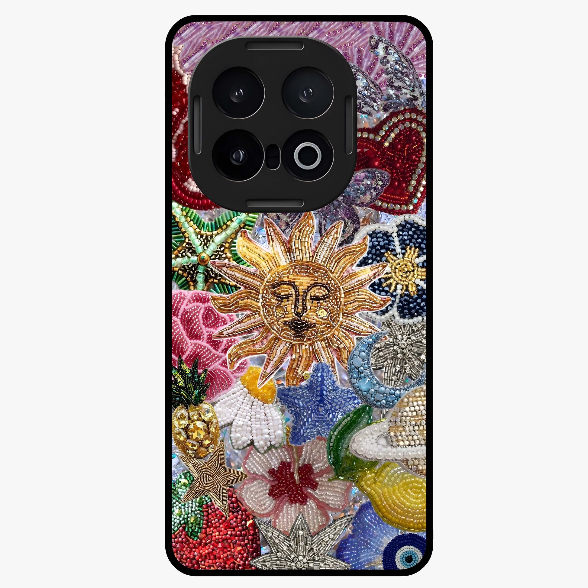 Celestial Floral and Playful Glass Case showing flat back view with floral and celestial themed artwork and glossy glass finish.
