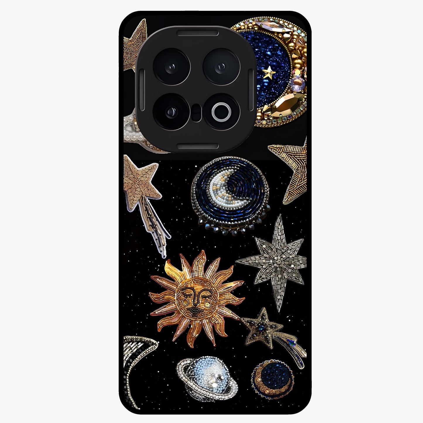 Celestial Gem Constellations Glass Case showing flat back view with sparkling constellation artwork and glossy glass finish.