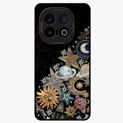 Cosmic Sparkle Dreams Glass Case showing flat back view with sparkling cosmic artwork and glossy glass finish.
