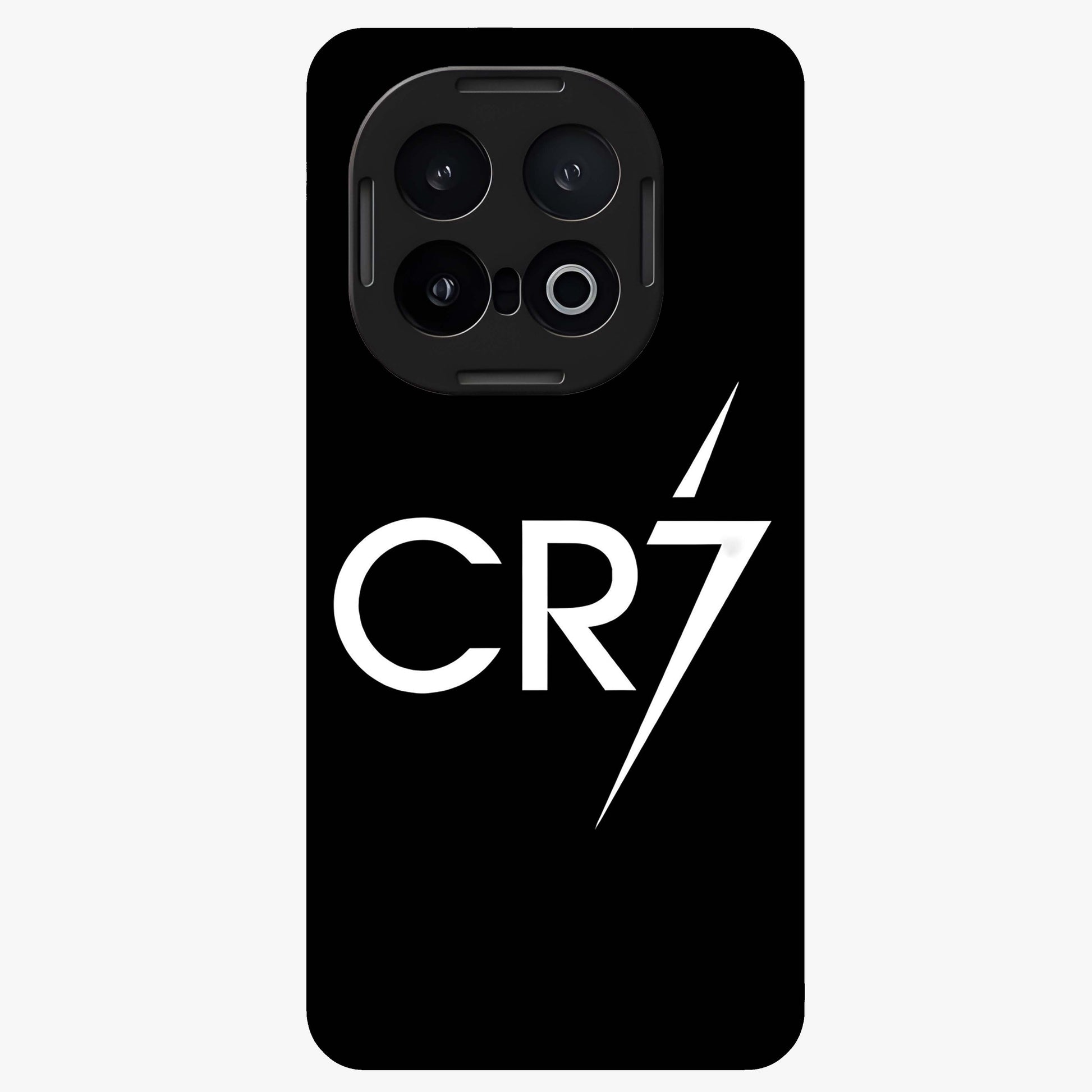 Cr7 Elite Strike Glass Case showing flat back view with dynamic football inspired artwork and glossy glass finish.