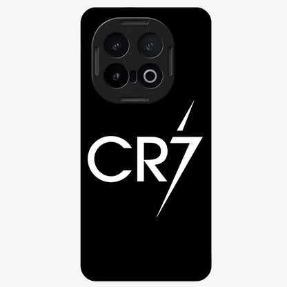 Cr7 Elite Strike Glass Case showing flat back view with dynamic football inspired artwork and glossy glass finish.