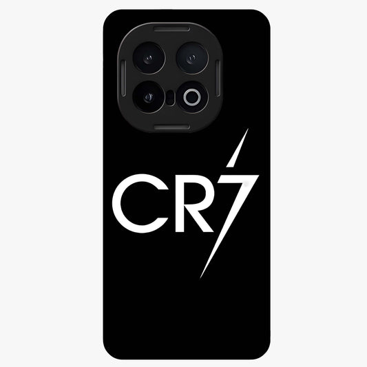 Cr7 Elite Strike Glass Case showing flat back view with dynamic football inspired artwork and glossy glass finish.