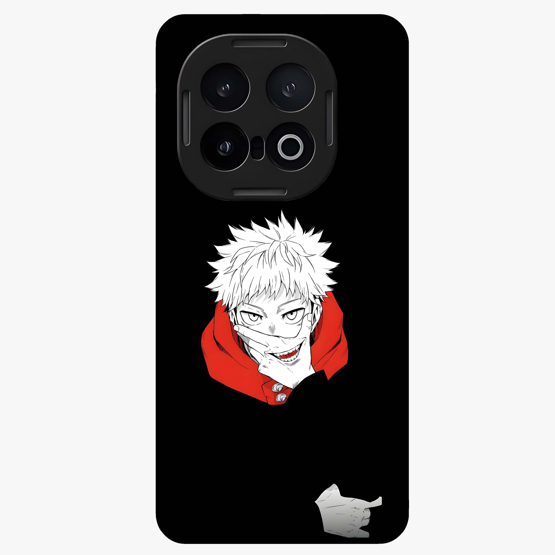 Crimson Chaos Smile Glass Case showing flat back view with bold chaotic smile artwork and glossy glass finish.