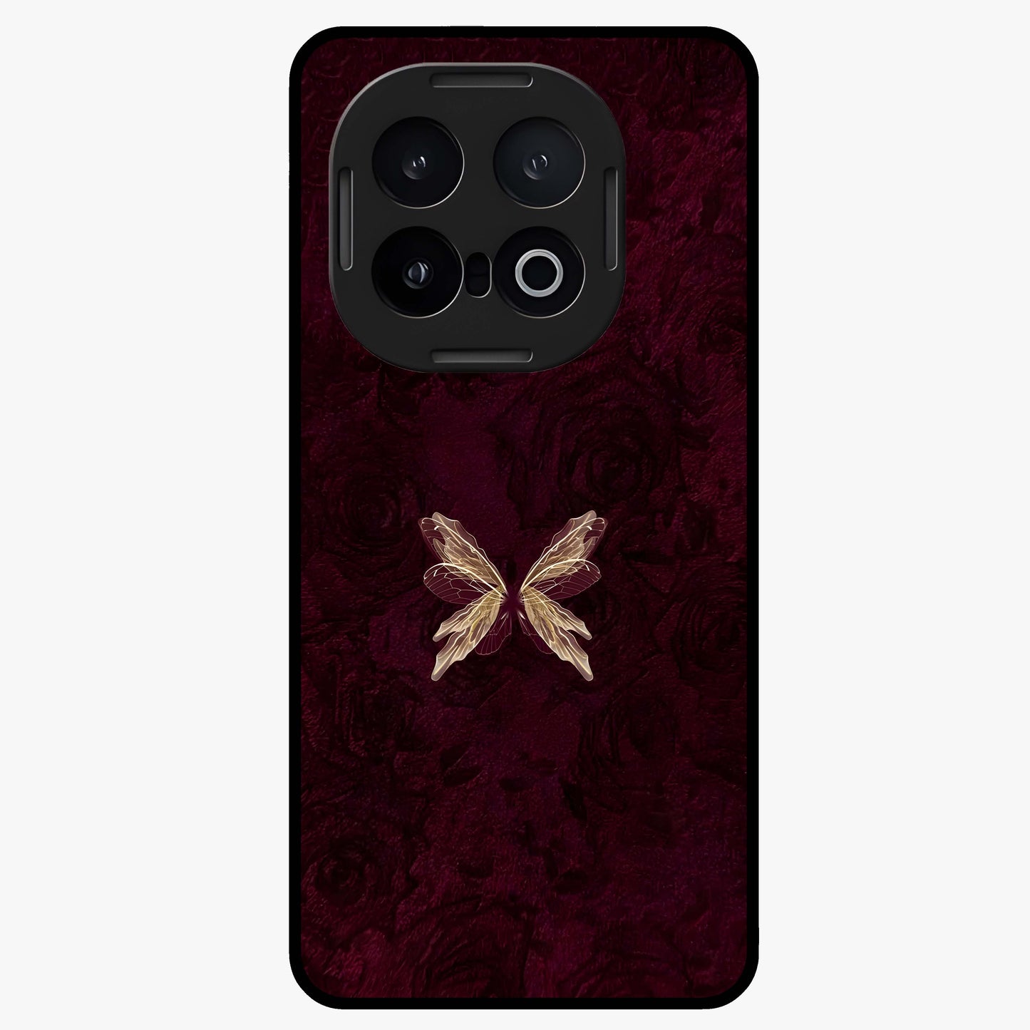 Crimson Fade Butterfly Glass Case showing flat back view with fading butterfly artwork and glossy glass finish.