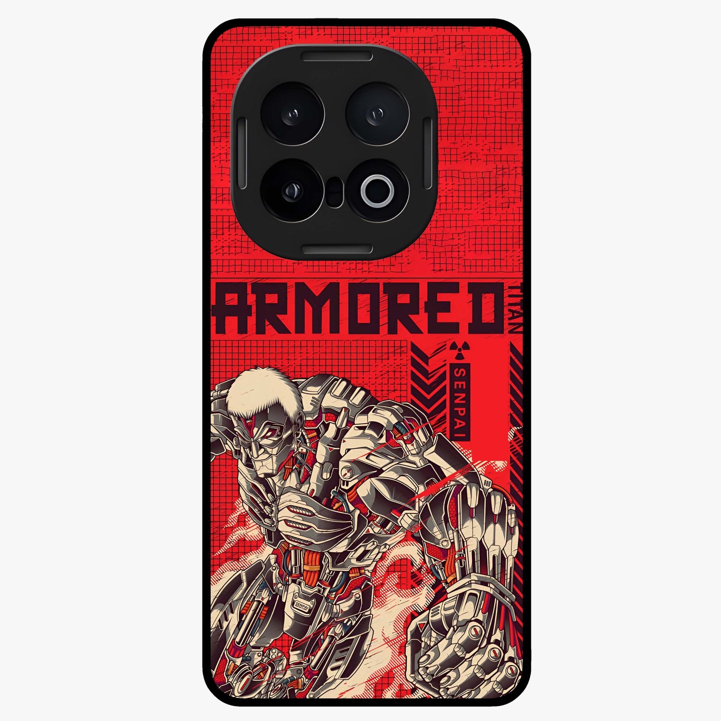Crimson Mecha Titan Glass Case showing flat back view with powerful mech titan artwork and glossy glass finish.