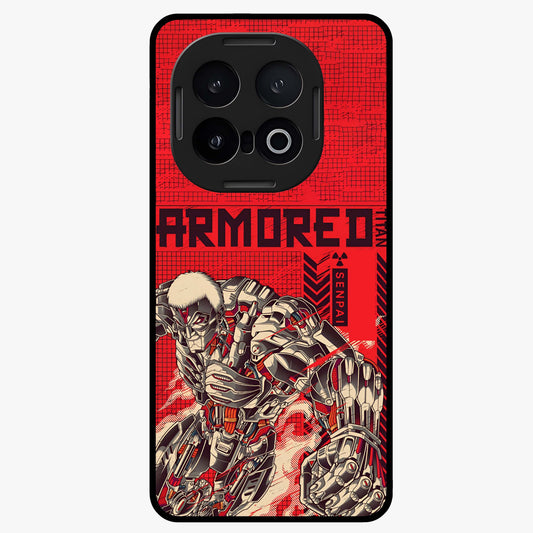Crimson Mecha Titan Glass Case showing flat back view with powerful mech titan artwork and glossy glass finish.