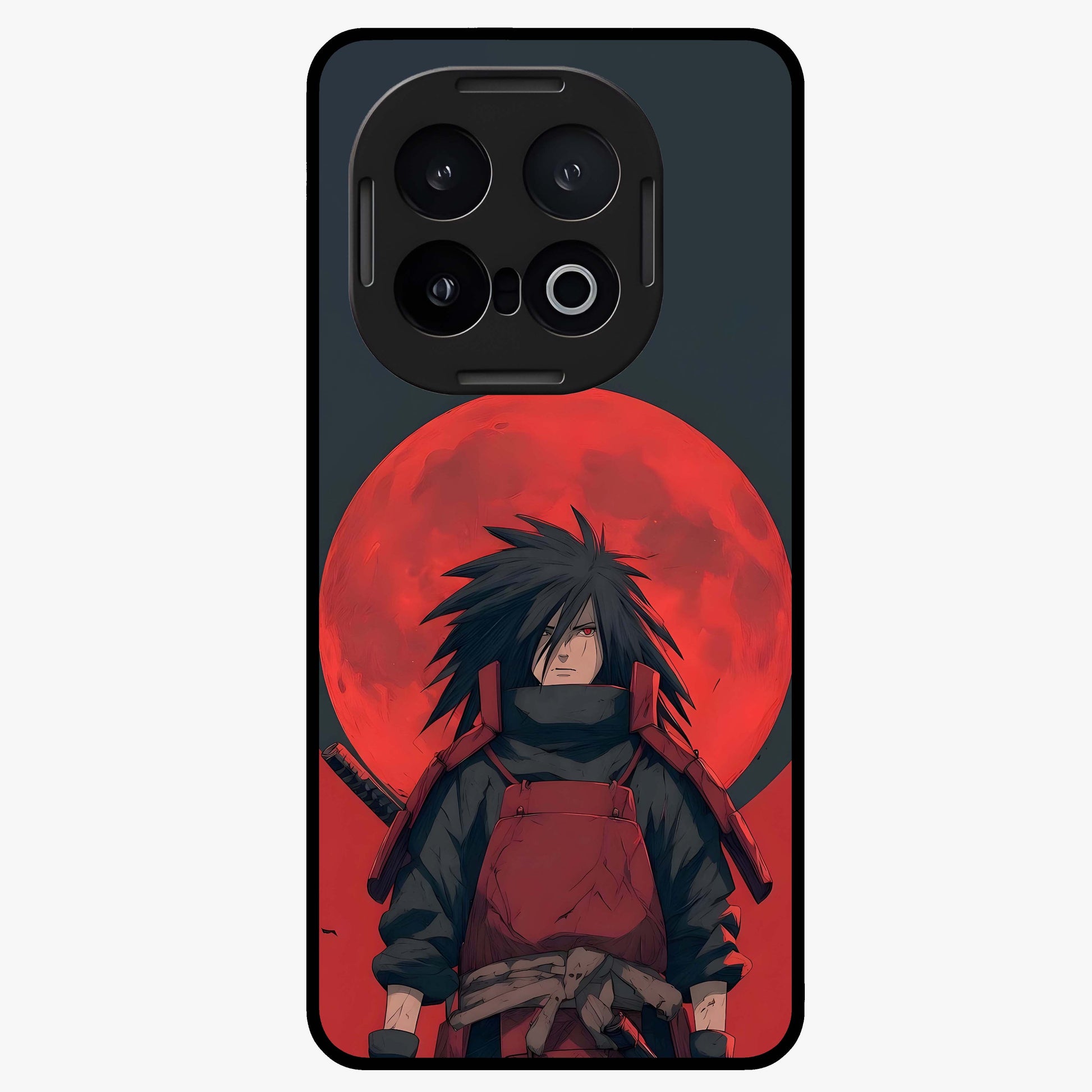 Crimson Moon Warlord Glass Case showing flat back view with mystical moon warrior artwork and glossy glass finish.