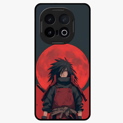 Crimson Moon Warlord Glass Case showing flat back view with mystical moon warrior artwork and glossy glass finish.