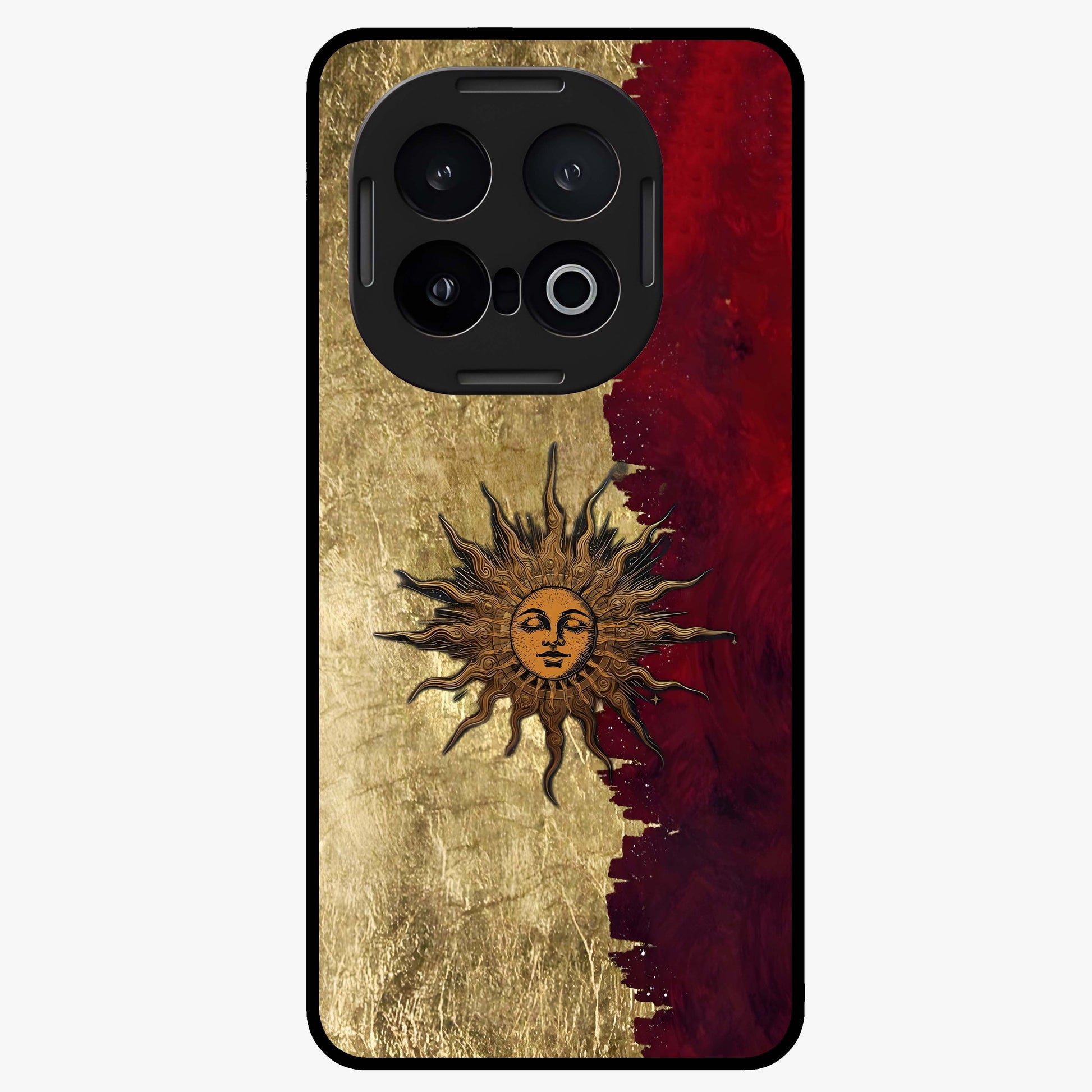 Crimson Sun Majesty Glass Case showing flat back view with radiant sun inspired artwork and glossy glass finish.