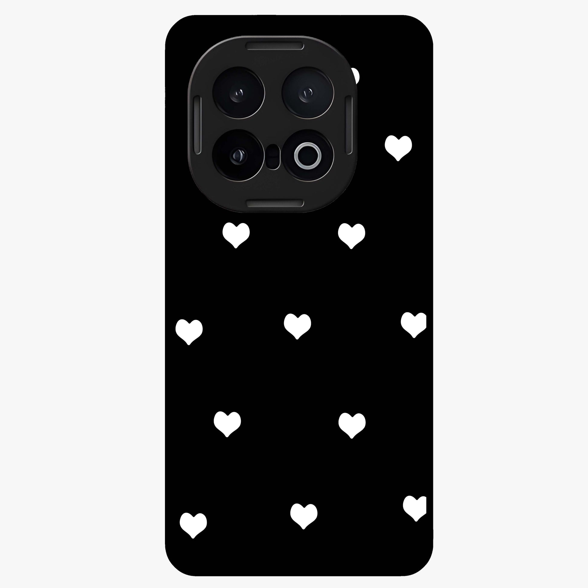 Cute And Simple White Hearts Glass Case showing flat back view with minimal white heart pattern and glossy glass finish.