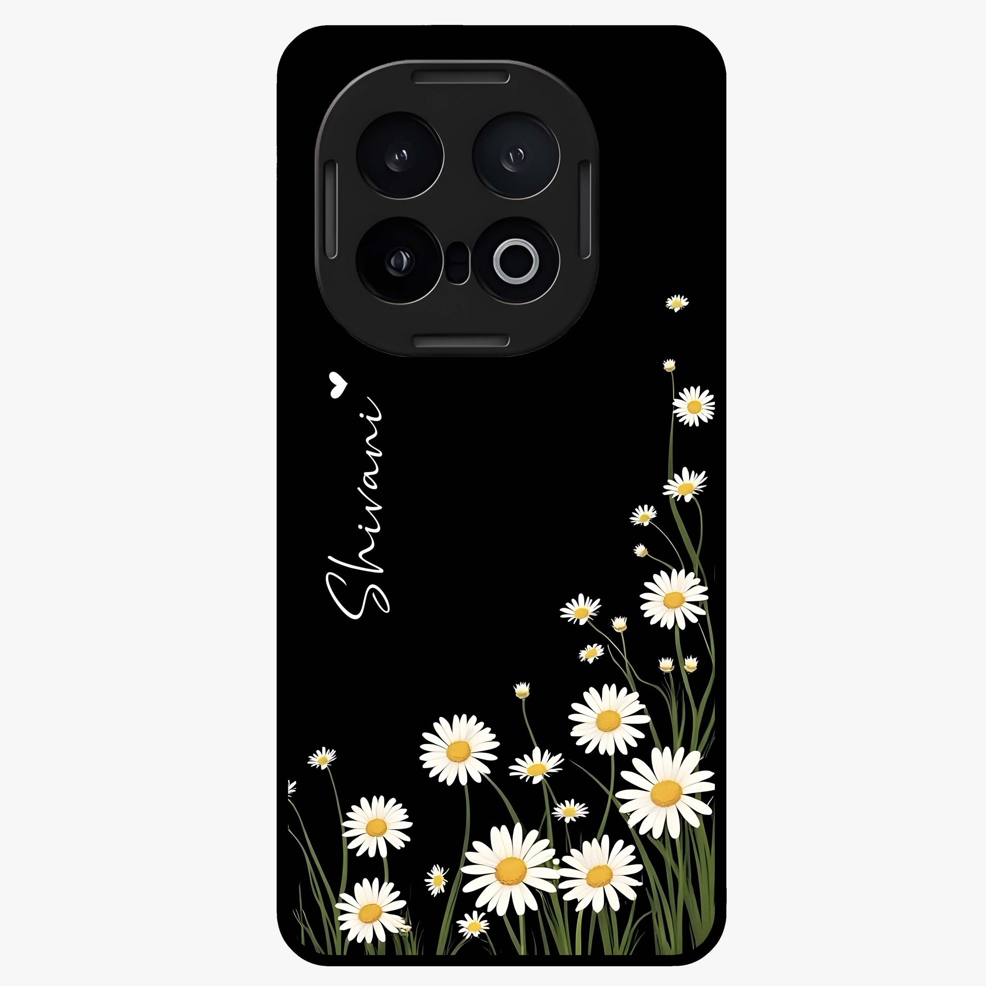 Daisy Cascade Custom Name Glass Case showing flat back view with cascading daisy flowers and personalized name design.