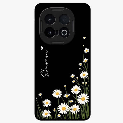 Daisy Cascade Custom Name Glass Case showing flat back view with cascading daisy flowers and personalized name design.